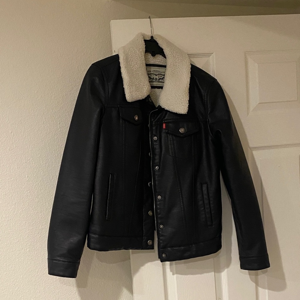 Levi's Black Leather Jacket with Cream Collar